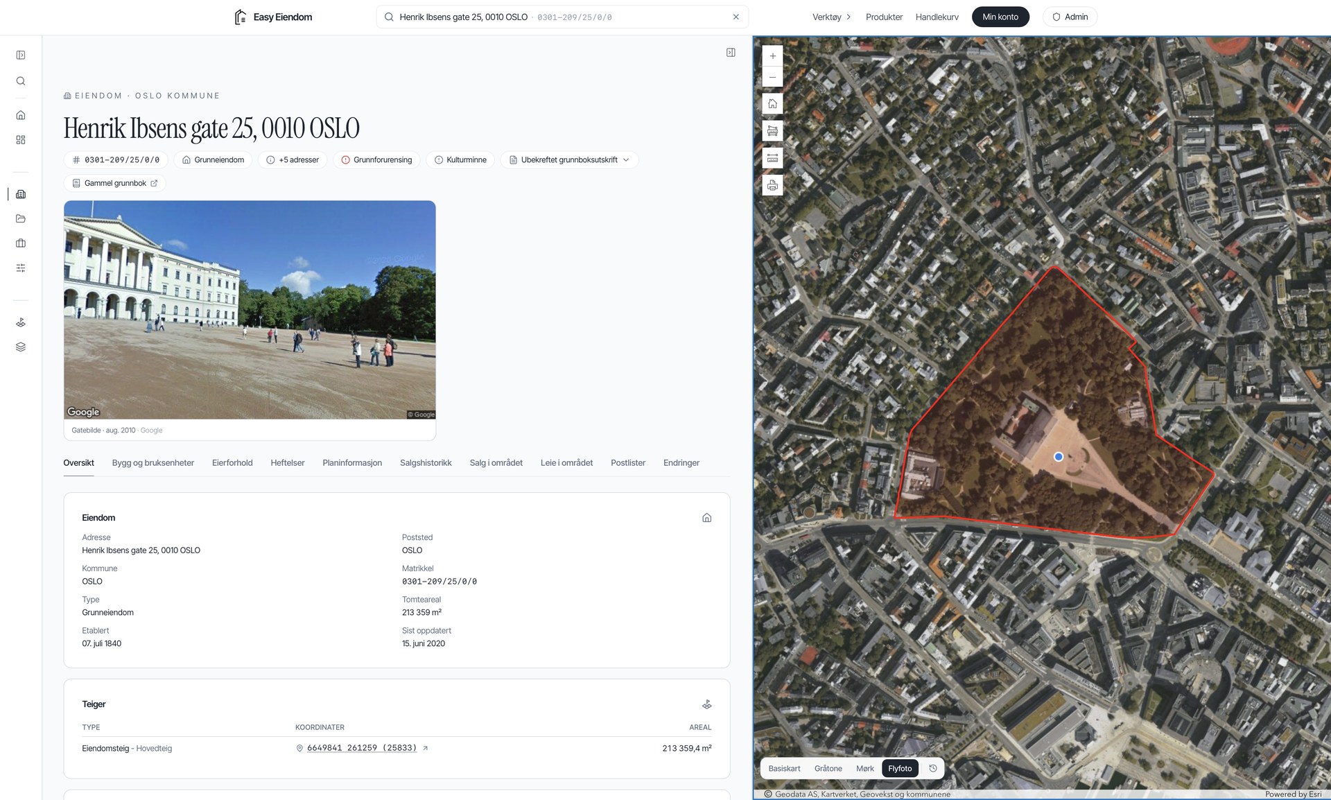EasyCortex med eiendomsinformasjon og kart i samme arbeidsflate