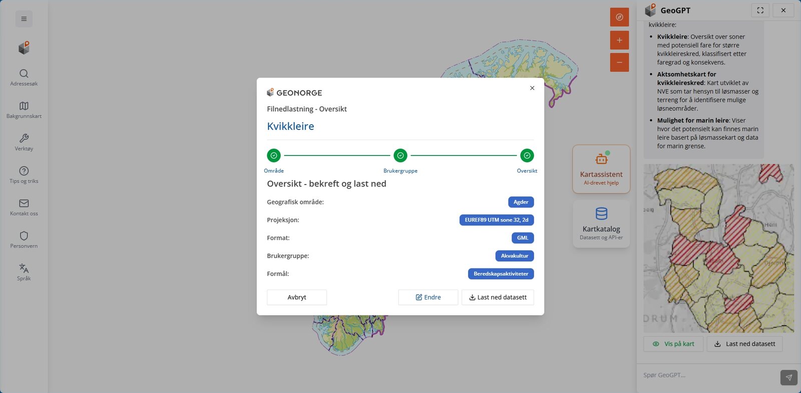 Skjermbilde av GeoGPT. Kart over Norge med nedlastingsvinduet for datasettet Kvikkleire, med område, projeksjon og format fylt ut, og et sidepanel der chatten forklarer kvikkleirekartene.