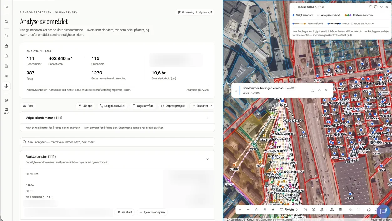 Skjermbilde fra Easy ARK: kart over et prosjektområde med eiendommene og rettighetskoblingene
